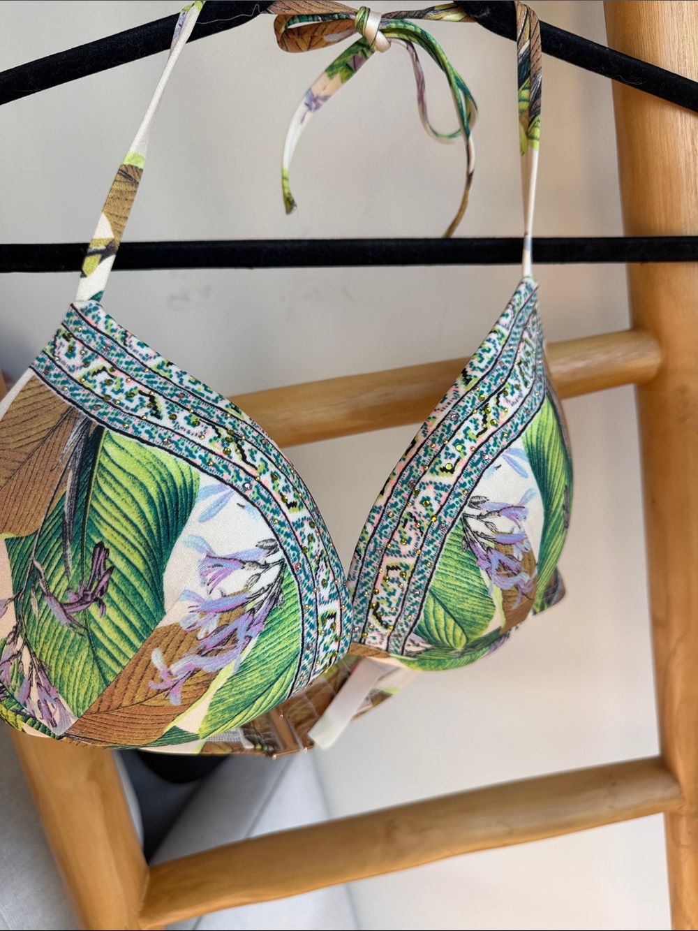 Victoria's Secret Tropical Green Floral Halter Bra with Purple Accents